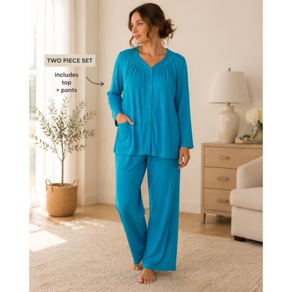 Shadowline Vintage Pajama Set Blue Nylon Floral‎ Embroidered 2pc S/36 Grannycore